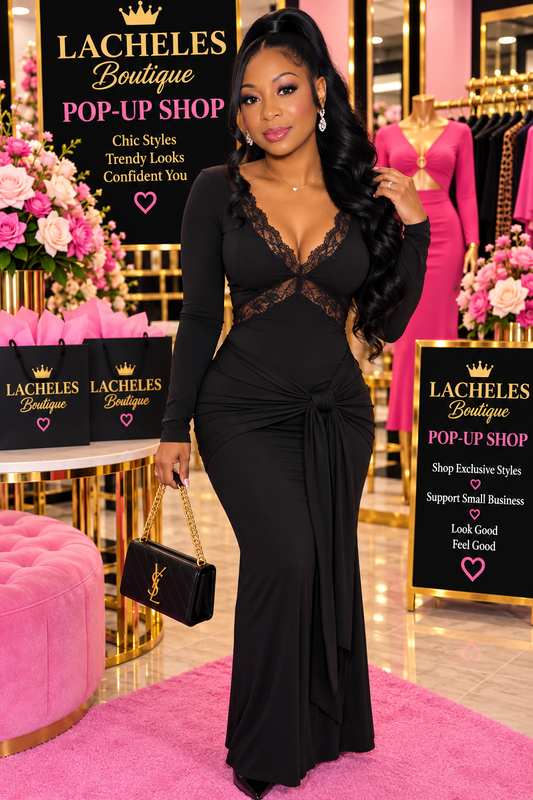 V-Neck Lace Trim Long Sleeve Tie-Waist Maxi Dress