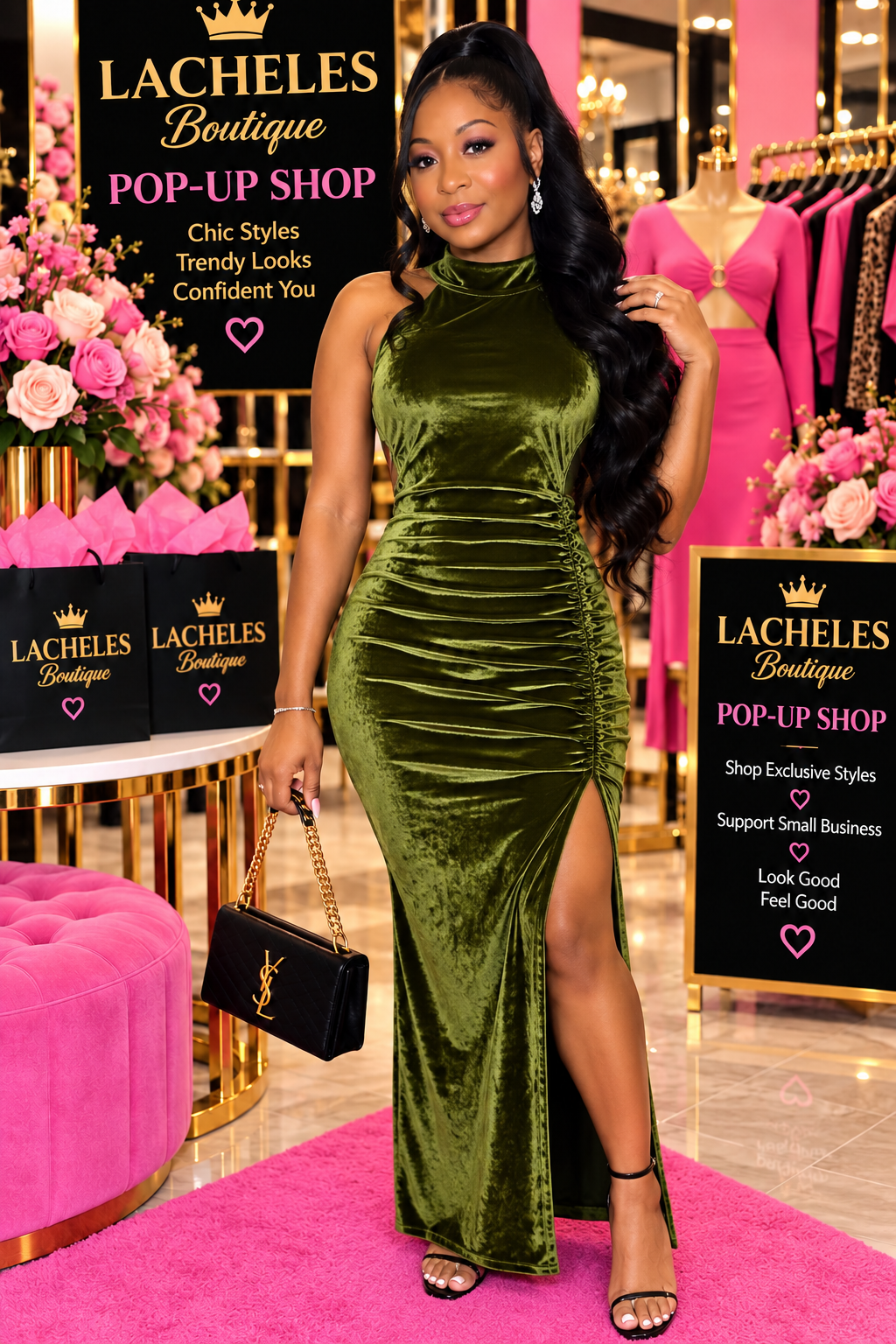 Velvet Side Slit Ruched Bodycon Maxi Dress