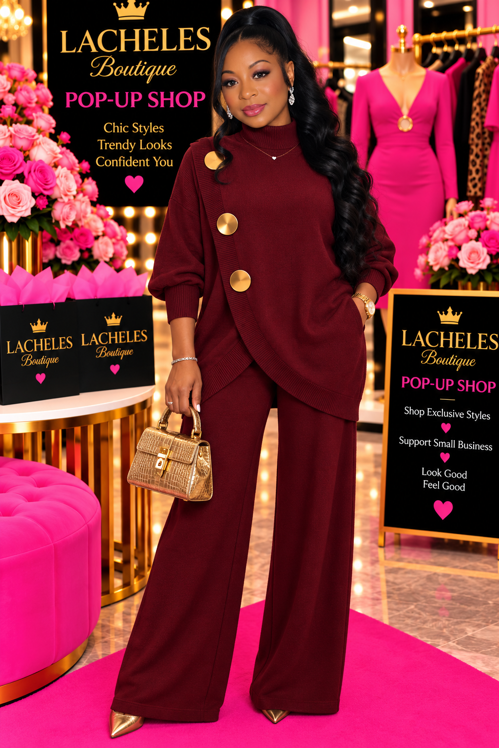 Gold Button Accent Turtleneck Sweater and Pants Set